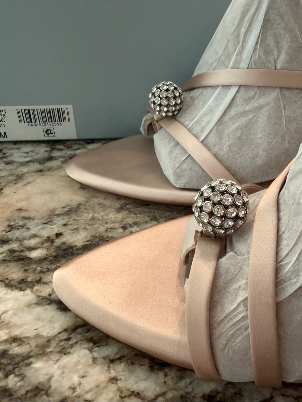 ANTONIO MELANI Champagne Satin Pointed-Toe Heels with Crystal Ball Accent